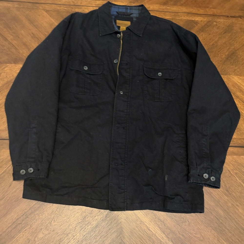 St Johns Bay Mens XL Black Canvas Work Jacket Plaid Flannel Lined Insulated Barn